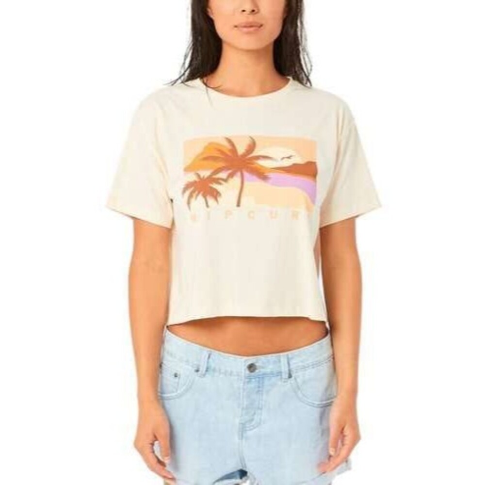 Rip Curl Sunset Golden Hour Palm Tree Scoop Neck Baby Tee Cropped T-Shirt M